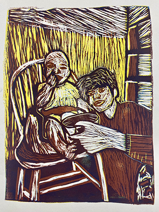 Linoleum Print on Paper of a baby in a high chair and his brother.
